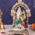 Exquisite Pure Brass Lord Ganesha Idol with Meenakari Stonework - 8" Height